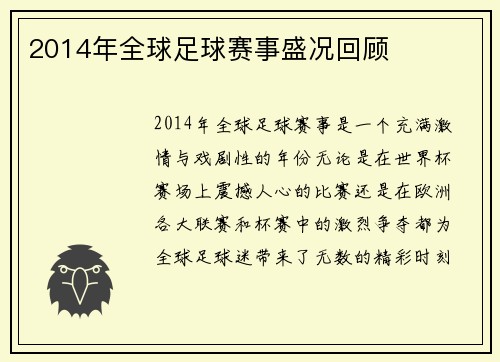 2014年全球足球赛事盛况回顾
