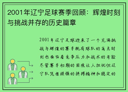 2001年辽宁足球赛季回顾：辉煌时刻与挑战并存的历史篇章