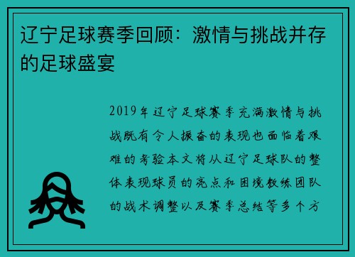 辽宁足球赛季回顾：激情与挑战并存的足球盛宴