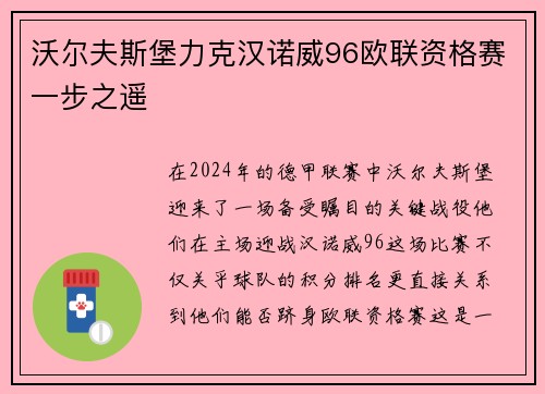沃尔夫斯堡力克汉诺威96欧联资格赛一步之遥