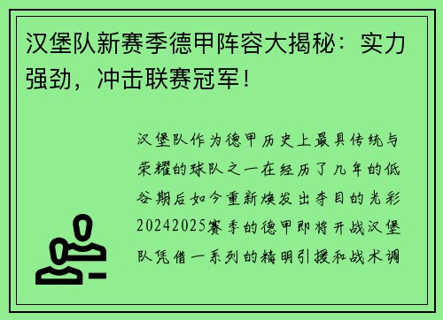 汉堡队新赛季德甲阵容大揭秘：实力强劲，冲击联赛冠军！