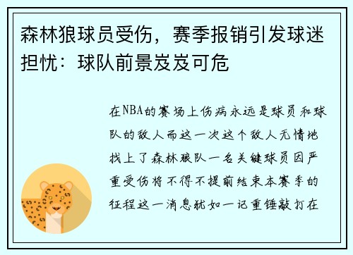 森林狼球员受伤，赛季报销引发球迷担忧：球队前景岌岌可危