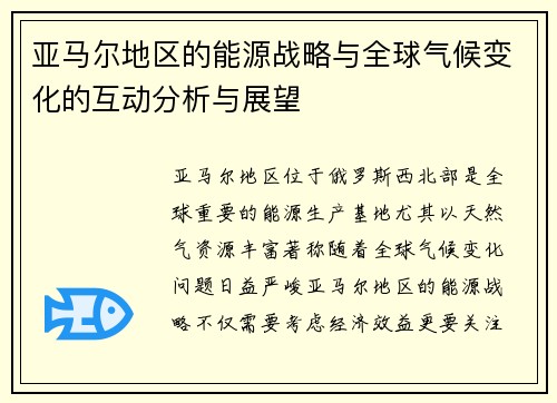 亚马尔地区的能源战略与全球气候变化的互动分析与展望