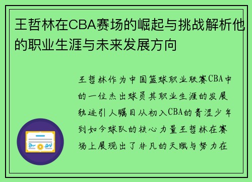 王哲林在CBA赛场的崛起与挑战解析他的职业生涯与未来发展方向