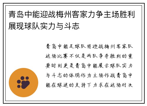 青岛中能迎战梅州客家力争主场胜利展现球队实力与斗志