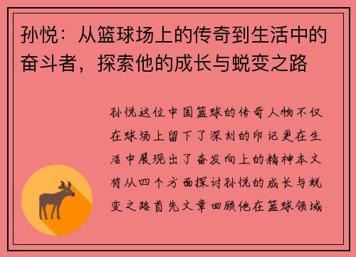 孙悦：从篮球场上的传奇到生活中的奋斗者，探索他的成长与蜕变之路