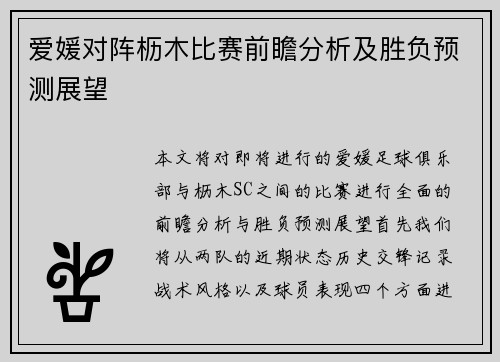 爱媛对阵枥木比赛前瞻分析及胜负预测展望