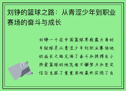 刘铮的篮球之路：从青涩少年到职业赛场的奋斗与成长