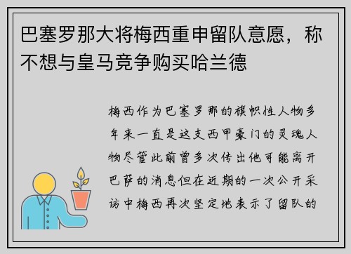 巴塞罗那大将梅西重申留队意愿，称不想与皇马竞争购买哈兰德