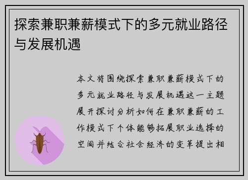 探索兼职兼薪模式下的多元就业路径与发展机遇