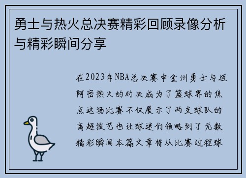 勇士与热火总决赛精彩回顾录像分析与精彩瞬间分享