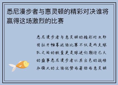 悉尼漫步者与惠灵顿的精彩对决谁将赢得这场激烈的比赛