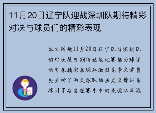 11月20日辽宁队迎战深圳队期待精彩对决与球员们的精彩表现