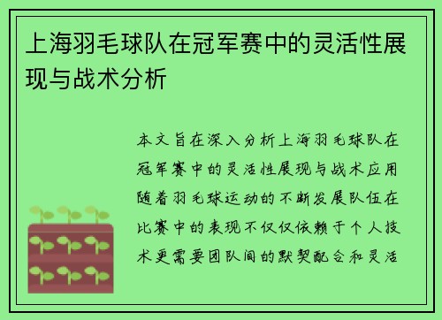 上海羽毛球队在冠军赛中的灵活性展现与战术分析