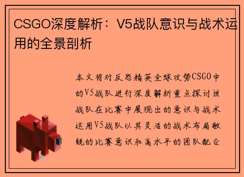 CSGO深度解析：V5战队意识与战术运用的全景剖析