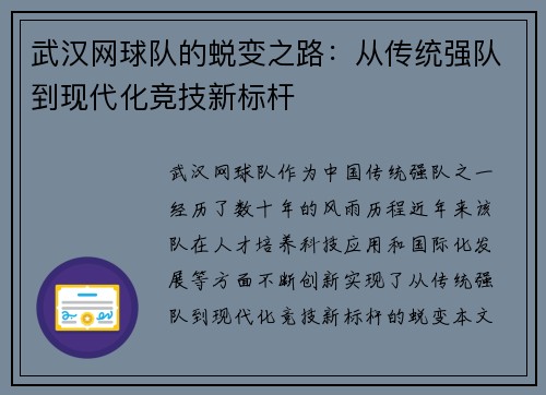武汉网球队的蜕变之路：从传统强队到现代化竞技新标杆