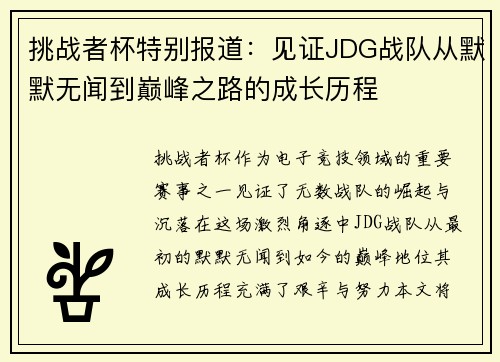 挑战者杯特别报道：见证JDG战队从默默无闻到巅峰之路的成长历程