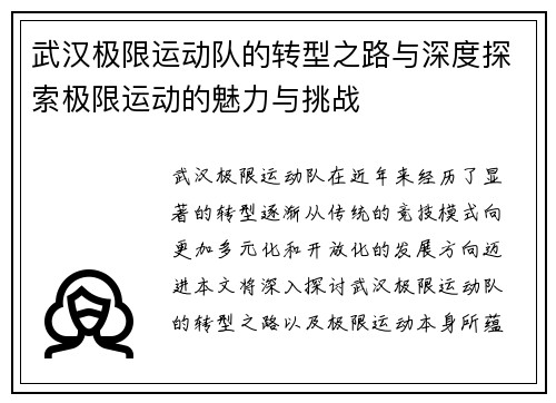 武汉极限运动队的转型之路与深度探索极限运动的魅力与挑战