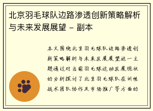 北京羽毛球队边路渗透创新策略解析与未来发展展望 - 副本